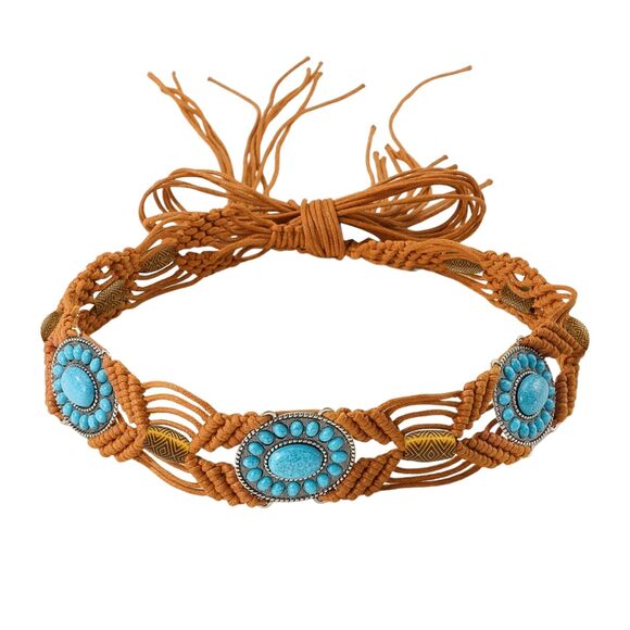 Accessories - 6663 Boho Turquoise Belt For Women 2" Western Wax Rope Beaded Braided Waist
